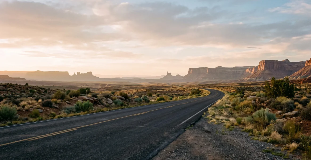 A solitary open highway stretching through a vast American desert landscape at golden hour, symbolizing a journey beyond typical tourist traps