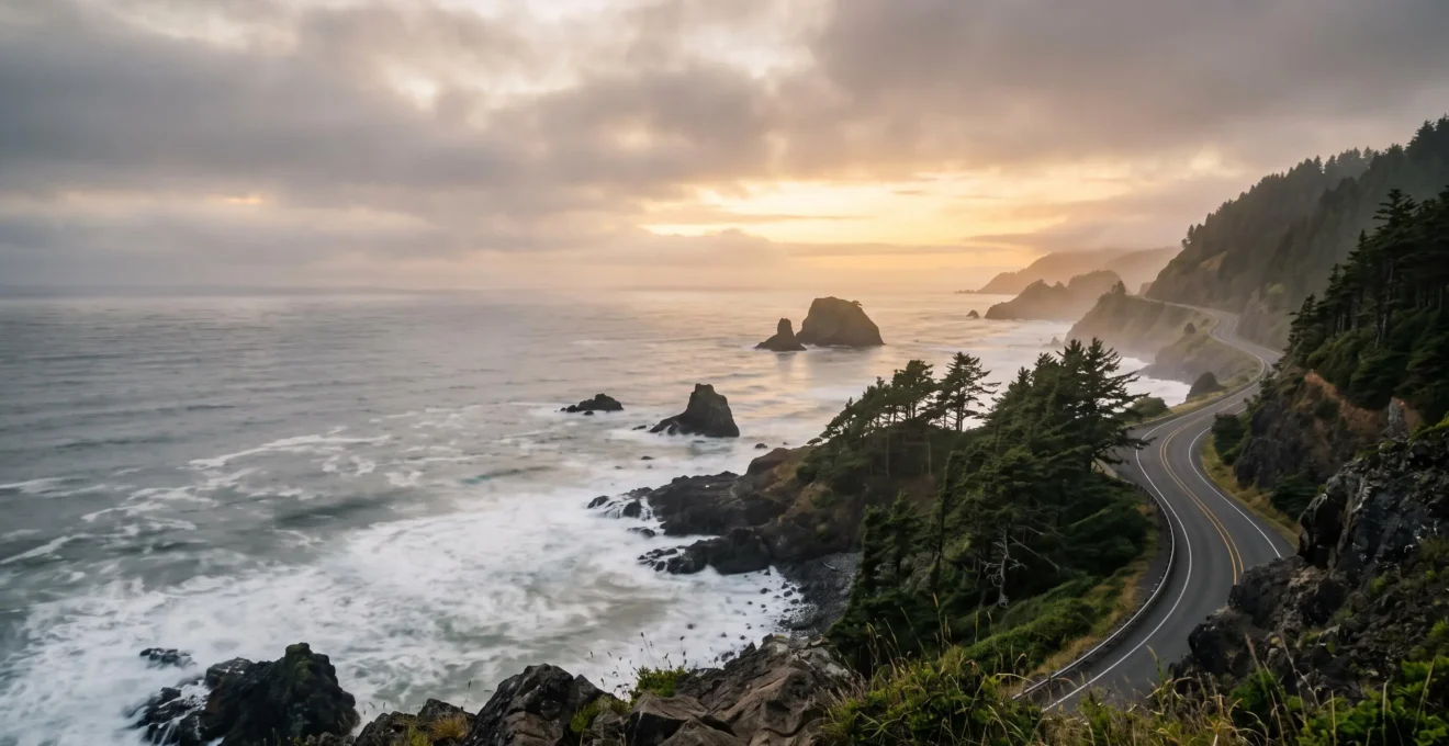 Dramatic foggy Oregon coastline with sea stacks rivaling California's Big Sur cliffs