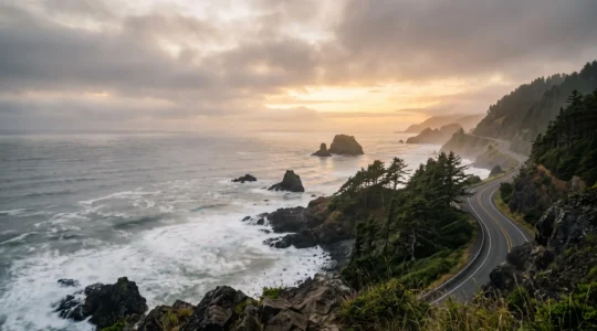 Dramatic foggy Oregon coastline with sea stacks rivaling California's Big Sur cliffs