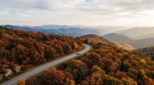 A winding mountain parkway lined with vibrant red, orange and gold trees under a soft morning sky.