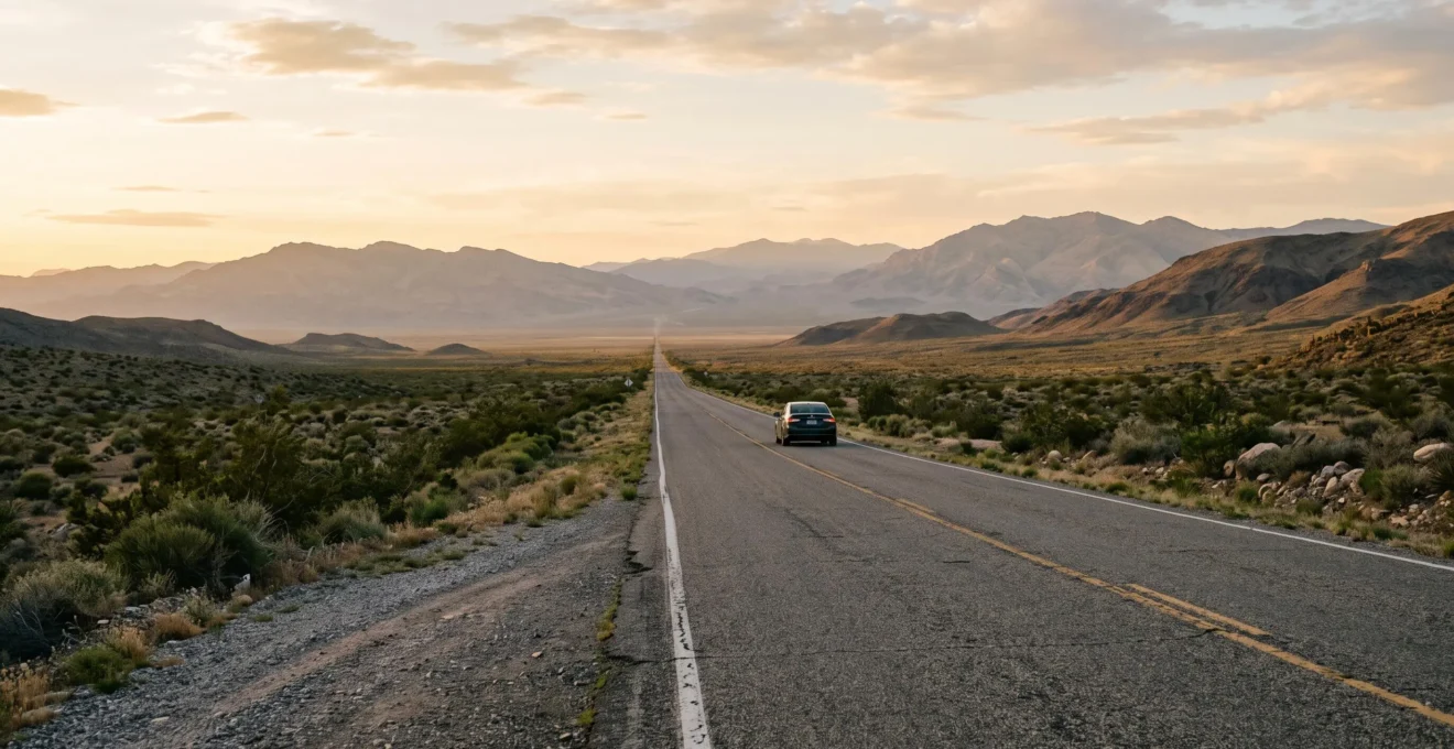A lone car on a vast open American highway stretching toward distant mountains under a wide sky, symbolizing the scale of a multi-state US road trip