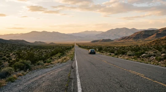 A lone car on a vast open American highway stretching toward distant mountains under a wide sky, symbolizing the scale of a multi-state US road trip