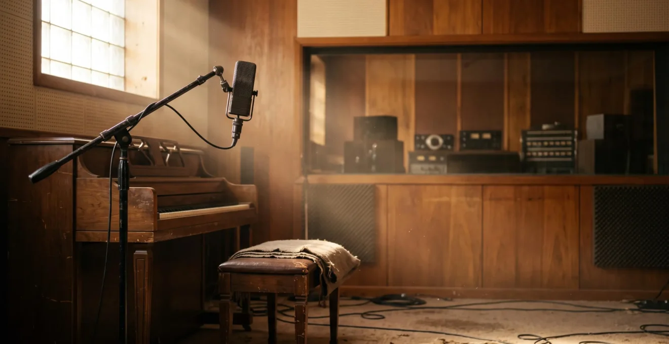 A warm, vintage recording studio interior bathed in soft afternoon light, evoking the golden era of American music history.