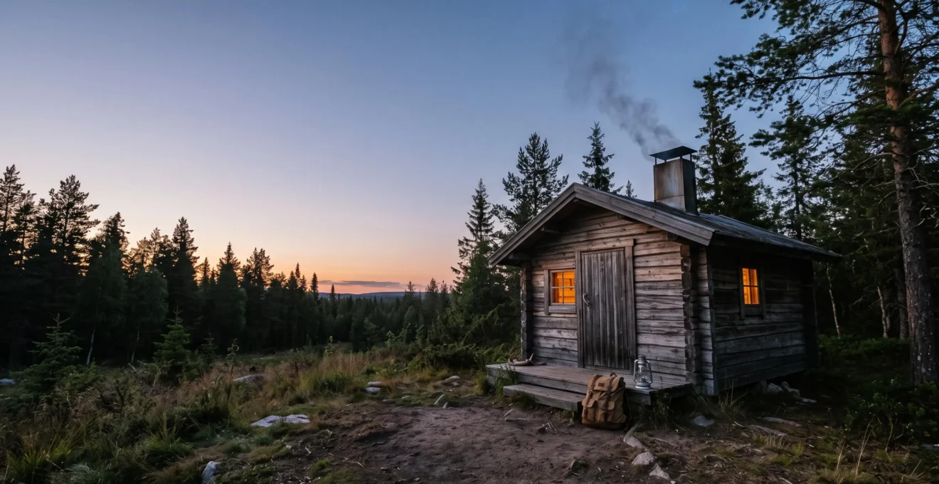 A softly lit rustic wooden cabin nestled deep in the American wilderness at dusk, symbolizing self-reliant remote travel