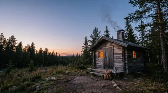 A softly lit rustic wooden cabin nestled deep in the American wilderness at dusk, symbolizing self-reliant remote travel