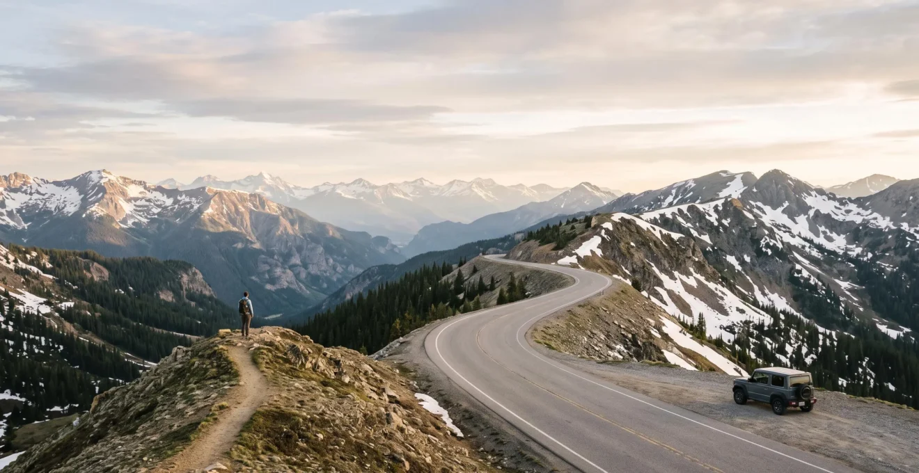 Wide mountain highway winding through the Rockies with a distant hiker on a ridge trail, symbolizing a road trip that suits both hikers and drivers