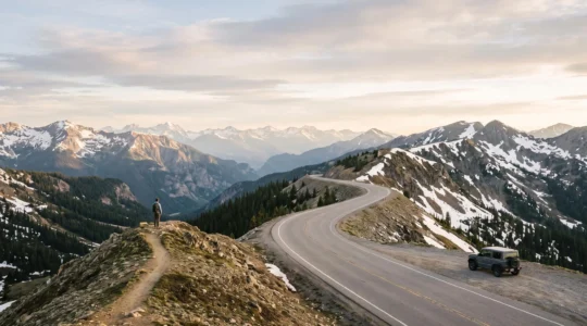 Wide mountain highway winding through the Rockies with a distant hiker on a ridge trail, symbolizing a road trip that suits both hikers and drivers