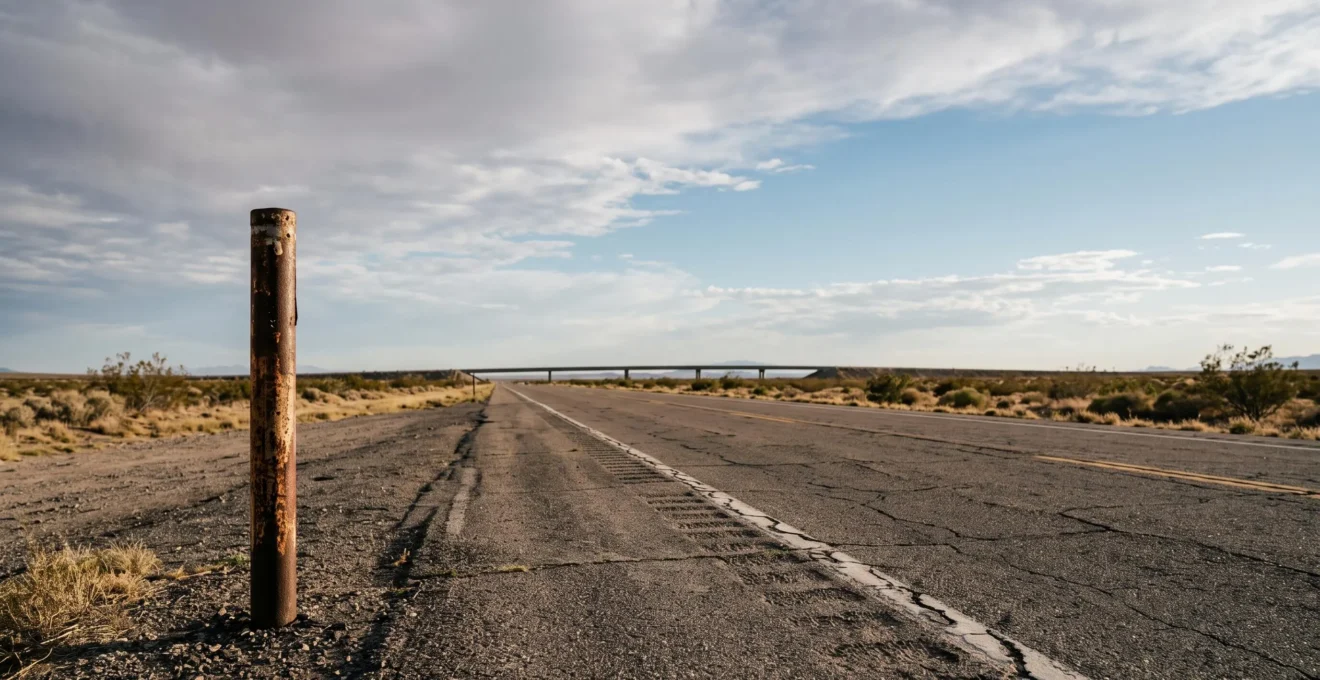 An empty two-lane historic highway stretching toward the horizon under a vast American sky, symbolizing the enduring spirit of Route 66 in the modern era