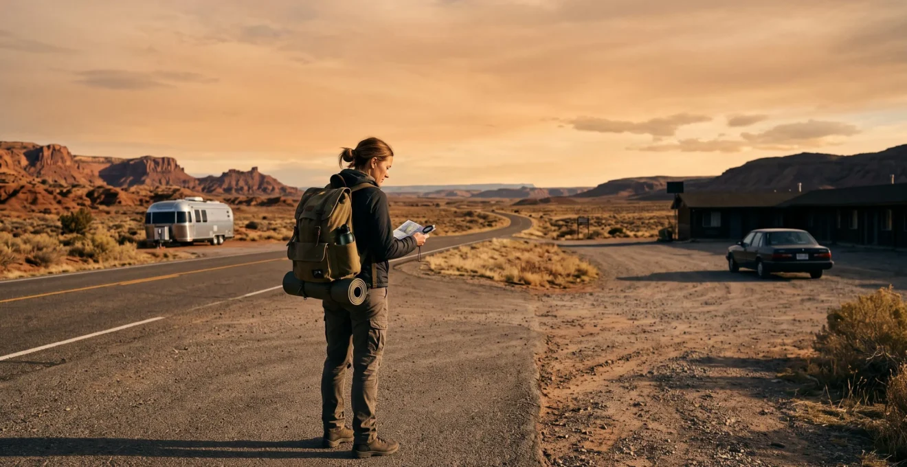 A traveler standing at a highway fork in the American desert, symbolically choosing between an RV and a rental car for a three-week road trip
