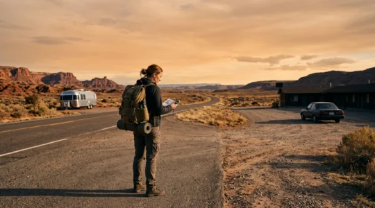 A traveler standing at a highway fork in the American desert, symbolically choosing between an RV and a rental car for a three-week road trip