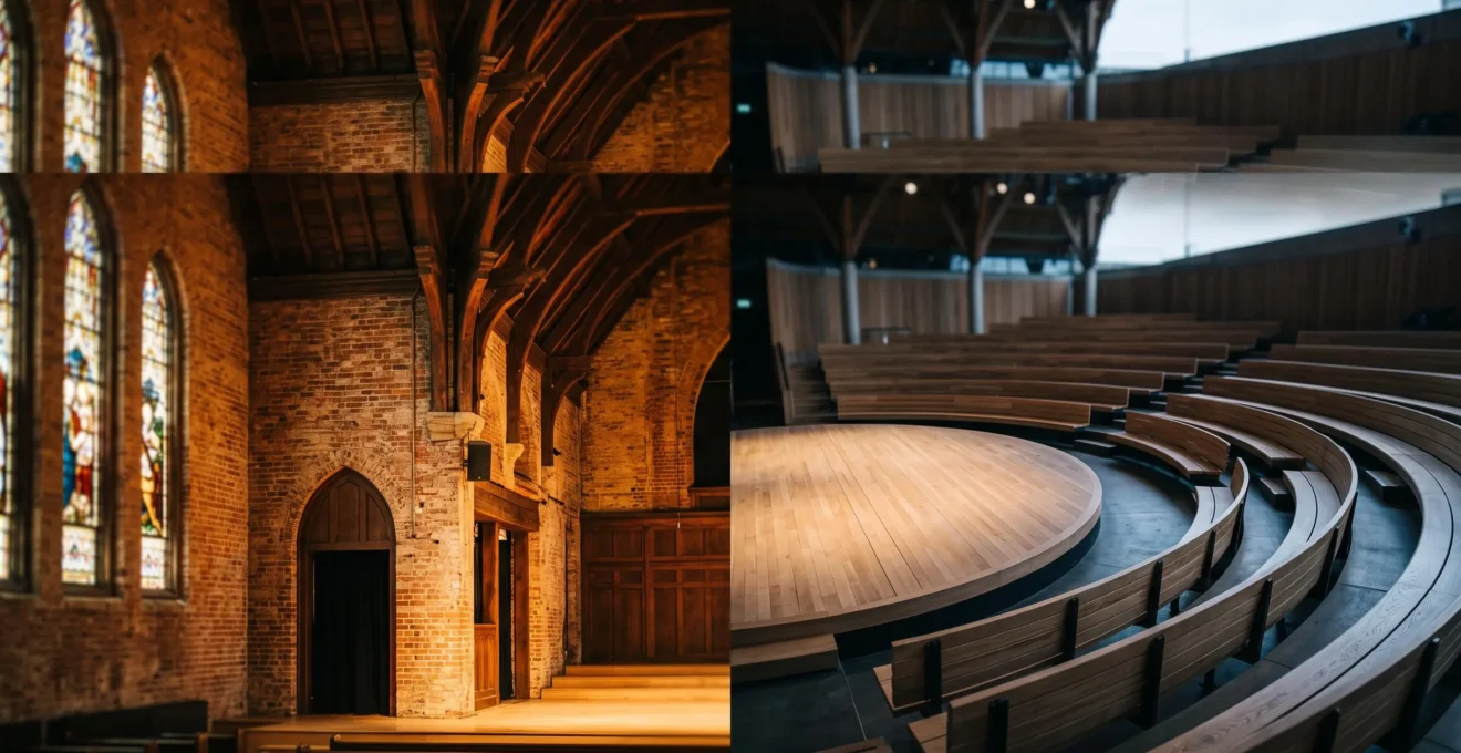 Wide editorial photograph symbolizing the choice between a historic wooden auditorium and a modern country music theater in Nashville