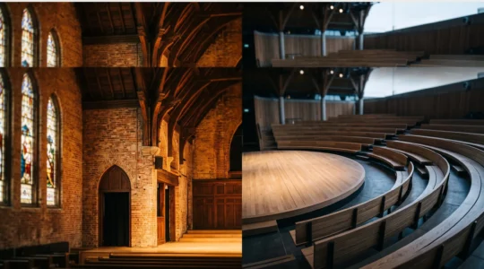 Wide editorial photograph symbolizing the choice between a historic wooden auditorium and a modern country music theater in Nashville