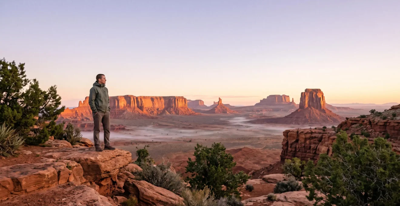 A lone traveler standing before Sedona's glowing red rock formations at sunrise, evoking spiritual wonder