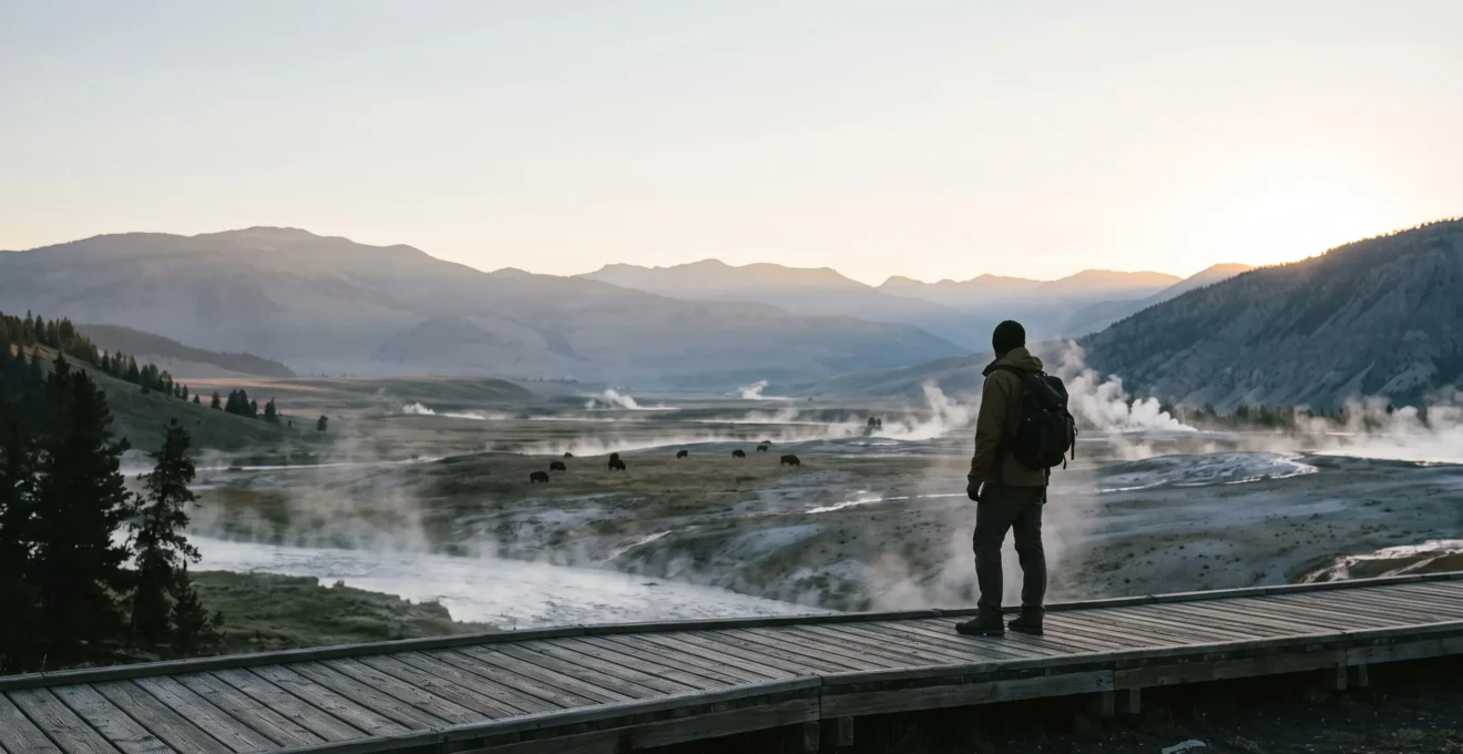 A lone traveler standing at the edge of a misty Yellowstone valley at sunrise, symbolizing solitude away from the crowds