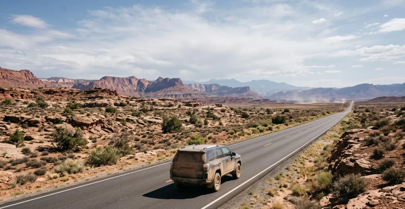A lone car driving on an empty desert highway under a shimmering heat haze at midday in the American Southwest