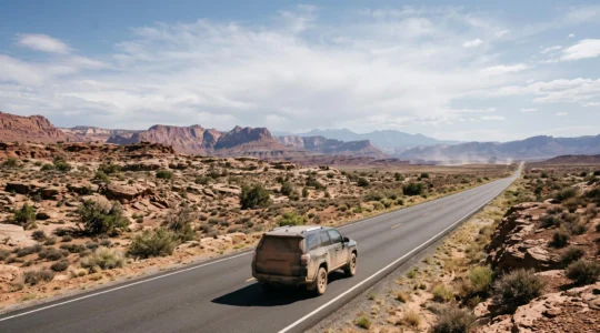A lone car driving on an empty desert highway under a shimmering heat haze at midday in the American Southwest
