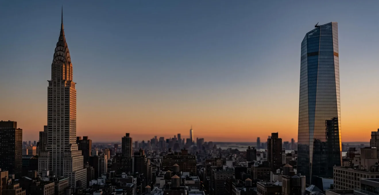 Split perspective of the New York City skyline contrasting a modern glass observation tower with a classic Art Deco skyscraper at dusk