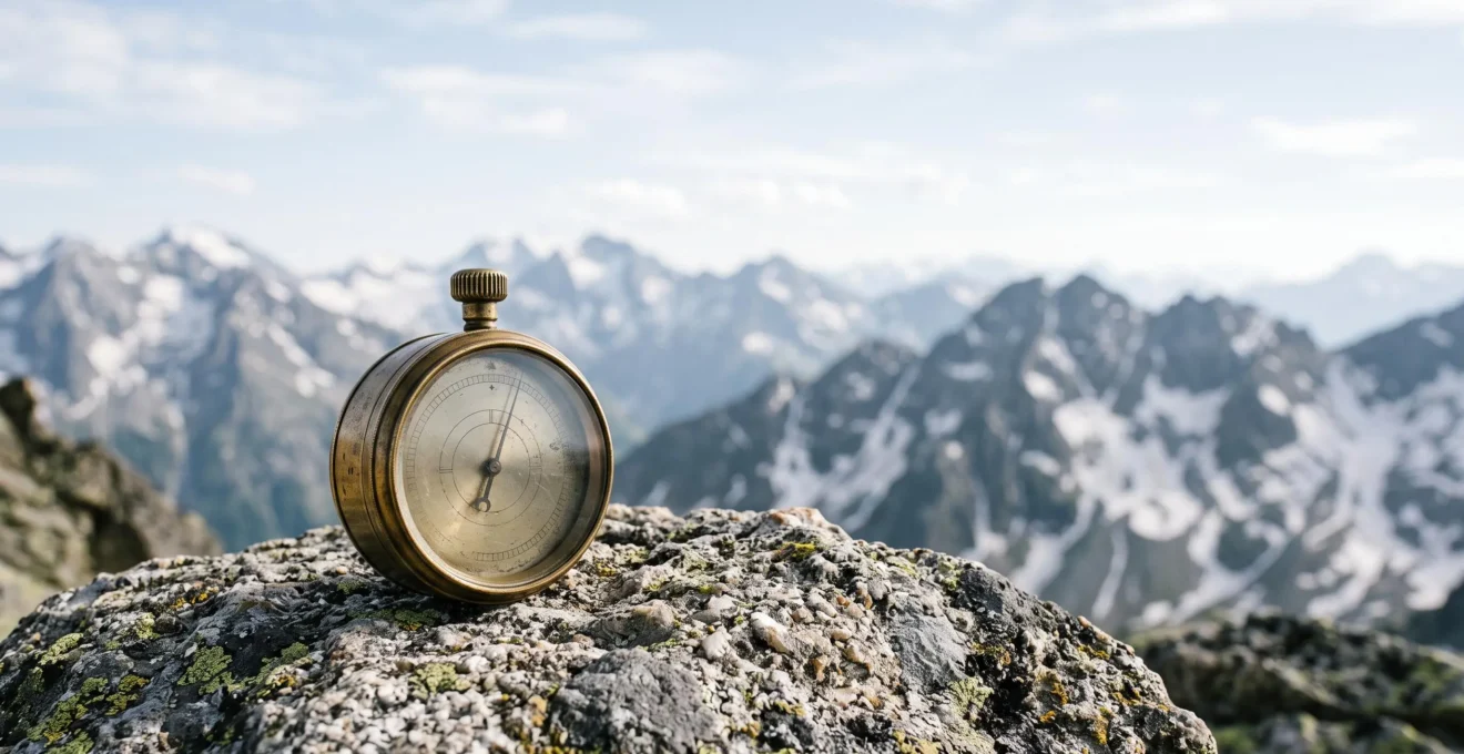 A weathered brass altimeter resting on a lichen-covered alpine rock with a vast mountain range fading into haze behind it, symbolizing the invisible threshold between sea level and high-altitude risk.