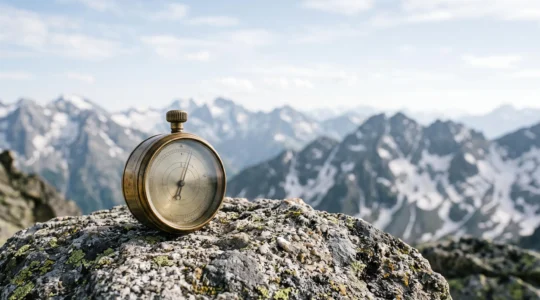A weathered brass altimeter resting on a lichen-covered alpine rock with a vast mountain range fading into haze behind it, symbolizing the invisible threshold between sea level and high-altitude risk.