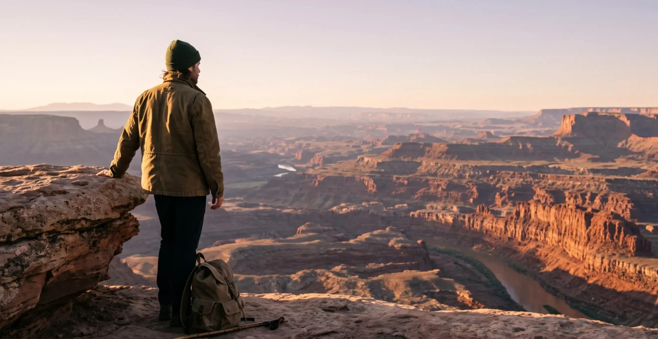 A lone traveler standing at a scenic overlook at sunrise, gazing across the vast Grand Canyon, symbolizing the choice between two rims