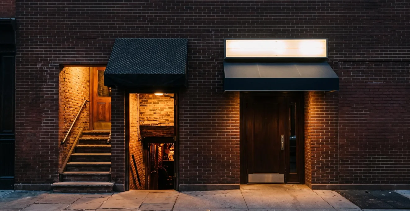 Two contrasting entrances symbolizing the choice between an intimate basement jazz club and a polished uptown jazz venue in New York City