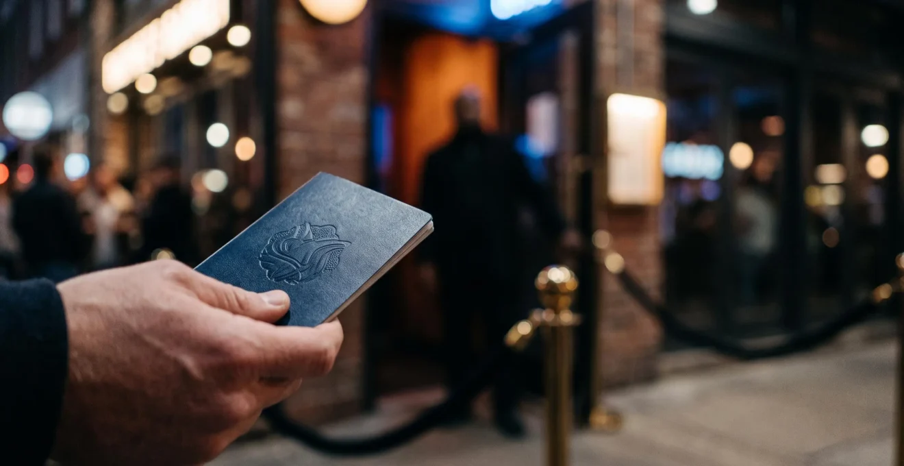 A British travel document held near the dimly lit entrance of an American bar at night, symbolizing the barrier between UK travellers and US nightlife.