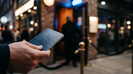 A British travel document held near the dimly lit entrance of an American bar at night, symbolizing the barrier between UK travellers and US nightlife.