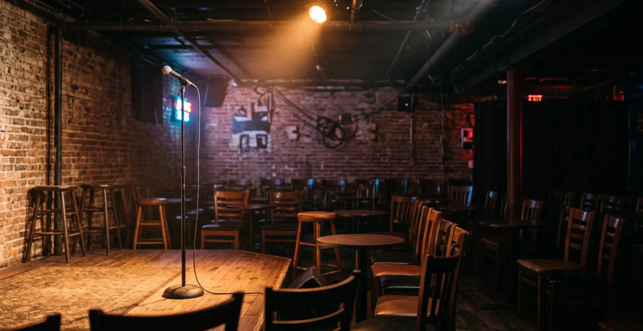 A dimly lit underground comedy club stage with a single microphone under a warm spotlight in an empty brick-walled room before showtime