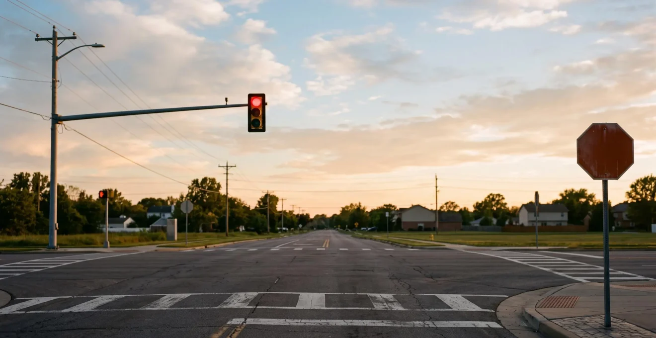 Wide golden-hour view of a typical American four-way intersection with a red traffic light and a stop sign, symbolizing US driving rules for foreign visitors