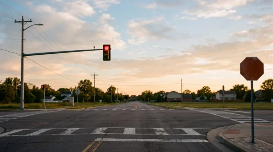 Wide golden-hour view of a typical American four-way intersection with a red traffic light and a stop sign, symbolizing US driving rules for foreign visitors