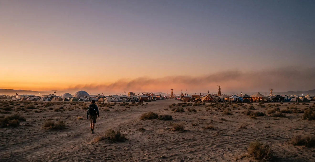 Wide desert view at dusk showing a sprawling US festival encampment with glowing lights and silhouetted structures, symbolizing the scale of festival logistics