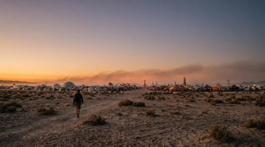 Wide desert view at dusk showing a sprawling US festival encampment with glowing lights and silhouetted structures, symbolizing the scale of festival logistics