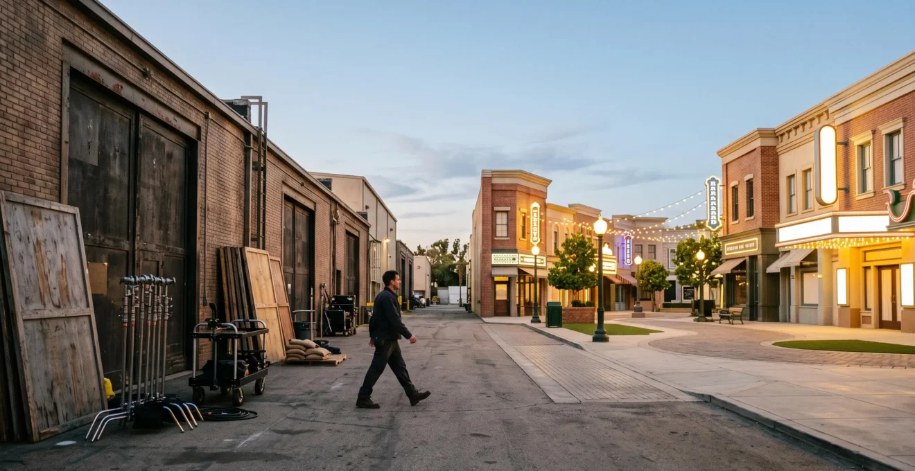 A wide, symmetrical view contrasting a real film soundstage backlot with a theme park attraction facade, symbolizing the choice between authentic moviemaking and entertainment spectacle