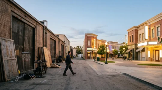A wide, symmetrical view contrasting a real film soundstage backlot with a theme park attraction facade, symbolizing the choice between authentic moviemaking and entertainment spectacle